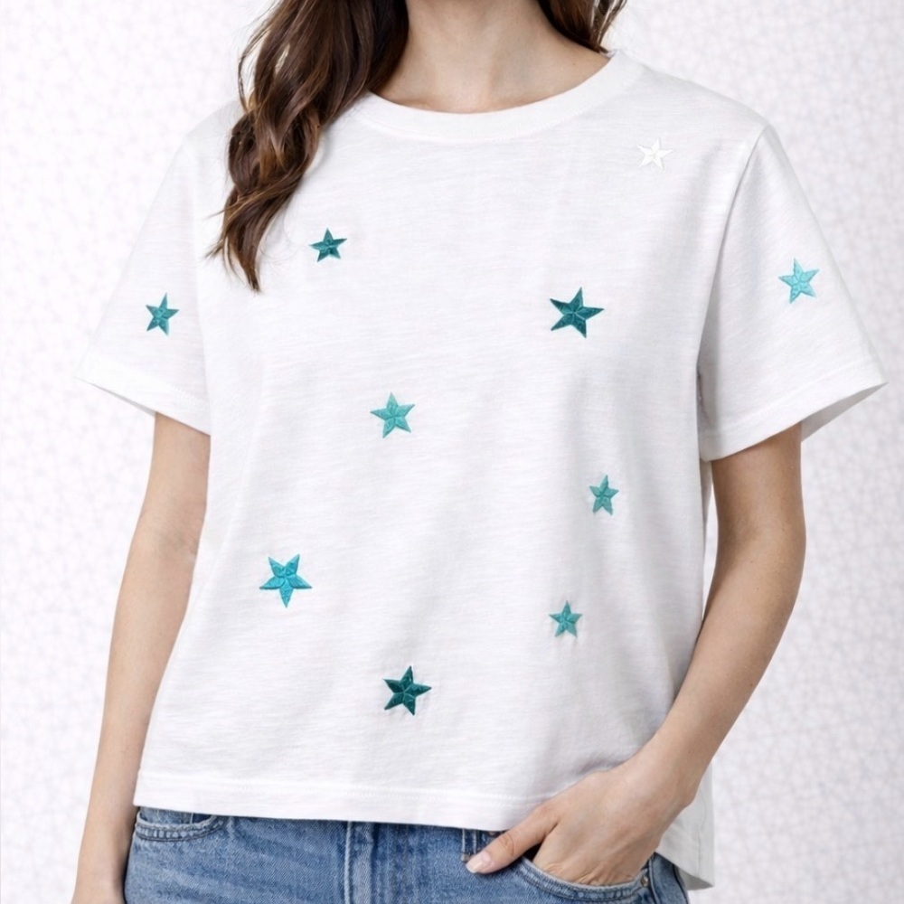 The Editor Cotton White Short Sleeve Teal Embroidered Stars Side Zipper T Shirt